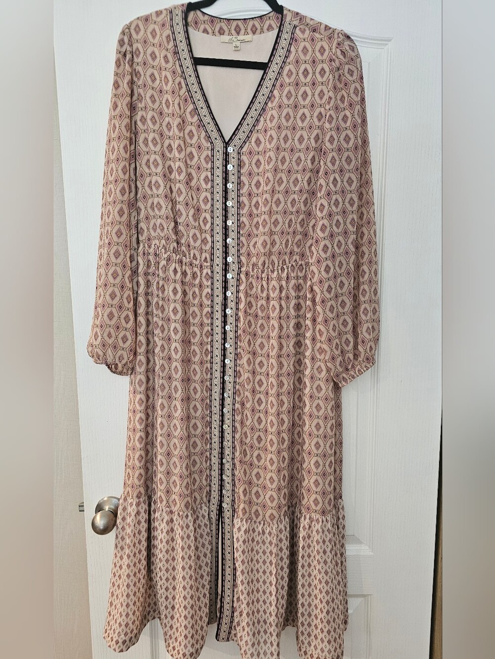 Printed V-Neck Long Sleeve Midi Dress in Blush
